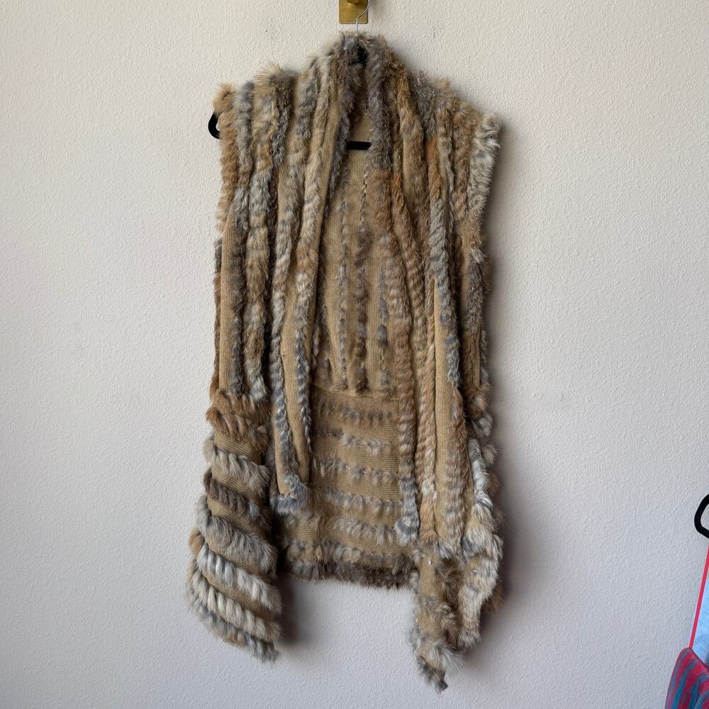Vintage Real Fur Acrylic Knit Sleeveless Cardigan Vest